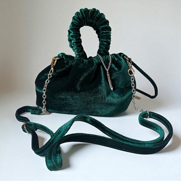 House of Harlow 1960 Green Velvet Handbag Ruched Handle Chain Strap - Picture 1 of 9